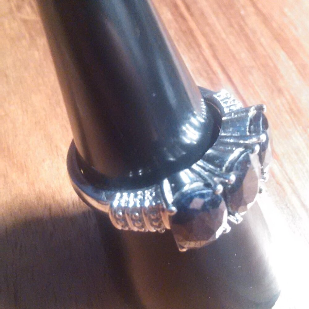 Midnight Sapphire Three Stone Stainless Steel Ring (Size 7) - Picture 12 of 14
